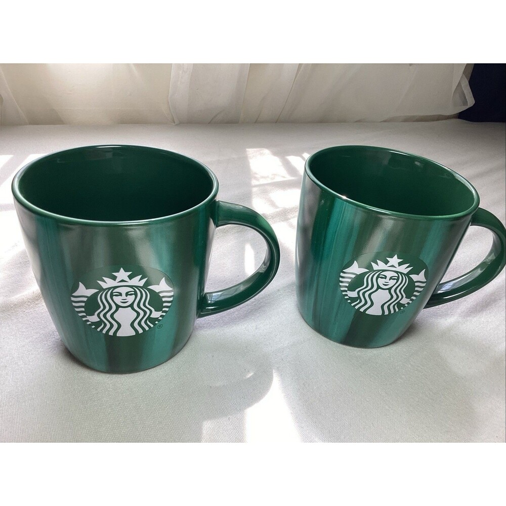 Starbucks Coffee Mugs 12oz 2022‎ Green Brush Stroke Marble-Set of 2 Mugs Mermaid